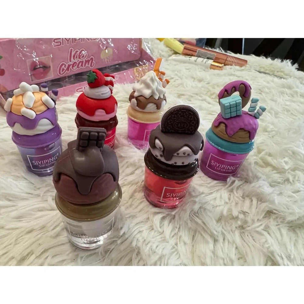 Trendy lip gloss set with ice cream and cake designs set of 6